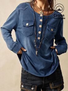 Bohemela Women's Crew Neck Casual Versatile Daily Denim Top Going Out Tops - Dark Wash - View 1