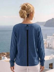 Bohemela Women's Crew Neck Casual Versatile Daily Denim Top Going Out Tops - Dark Wash - View 9