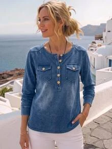 Bohemela Women's Crew Neck Casual Versatile Daily Denim Top Going Out Tops - Dark Wash - View 8
