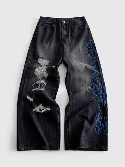 ROMWE MEN Vintage Washed Fashion Distressed Printed Denim Casual Long Pants For Men