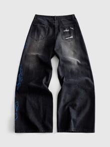 ROMWE MEN Vintage Washed Fashion Distressed Printed Denim Casual Long Pants For Men - Blue - View 6
