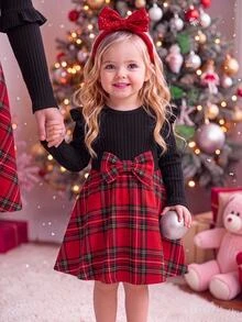 SHEIN Baby Girl Round Neck Long Sleeve Patchwork Plaid Hem Bow Decor Cute Dress - Red - View 1
