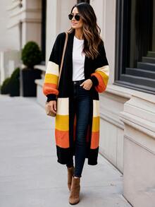 Balvessa Women's Autumn/Winter Contrast Color Black And Beige V-Neck Buttonless Cardigan, Dropped Shoulder Lantern Sleeves, Loose Open Front Sweater Casual - Multicolor - View 7