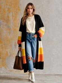 Balvessa Women's Autumn/Winter Contrast Color Black And Beige V-Neck Buttonless Cardigan, Dropped Shoulder Lantern Sleeves, Loose Open Front Sweater Casual - Multicolor - View 8