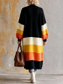 Balvessa Women's Autumn/Winter Contrast Color Black And Beige V-Neck Buttonless Cardigan, Dropped Shoulder Lantern Sleeves, Loose Open Front Sweater Casual - Multicolor - View 2