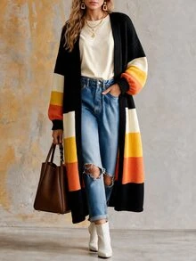 Balvessa Women's Autumn/Winter Contrast Color Black And Beige V-Neck Buttonless Cardigan, Dropped Shoulder Lantern Sleeves, Loose Open Front Sweater Casual - Multicolor - View 3