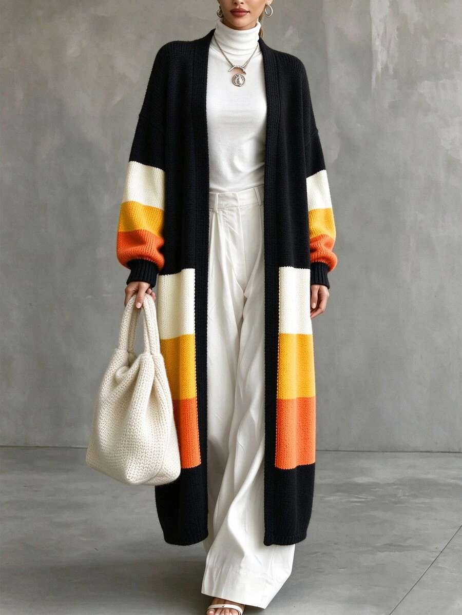 Balvessa Women's Autumn/Winter Contrast Color Black And Beige V-Neck Buttonless Cardigan, Dropped Shoulder Lantern Sleeves, Loose Open Front Sweater Casual - Multicolor - View 1