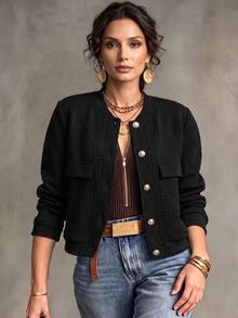 Linhara CURVE Plus Size Women's Solid Color Casual Versatile Daily Wear Long Sleeve Jacket Fall - Black - View 3