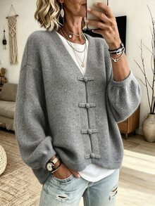 valorelle valorelle Women's V-Neck Chinese Style Front-Button Closure Frog Button Dropped Shoulder Lantern Long Sleeve Short Loose Casual Cardigan Brunch Grey Autumn - Grey - View 1