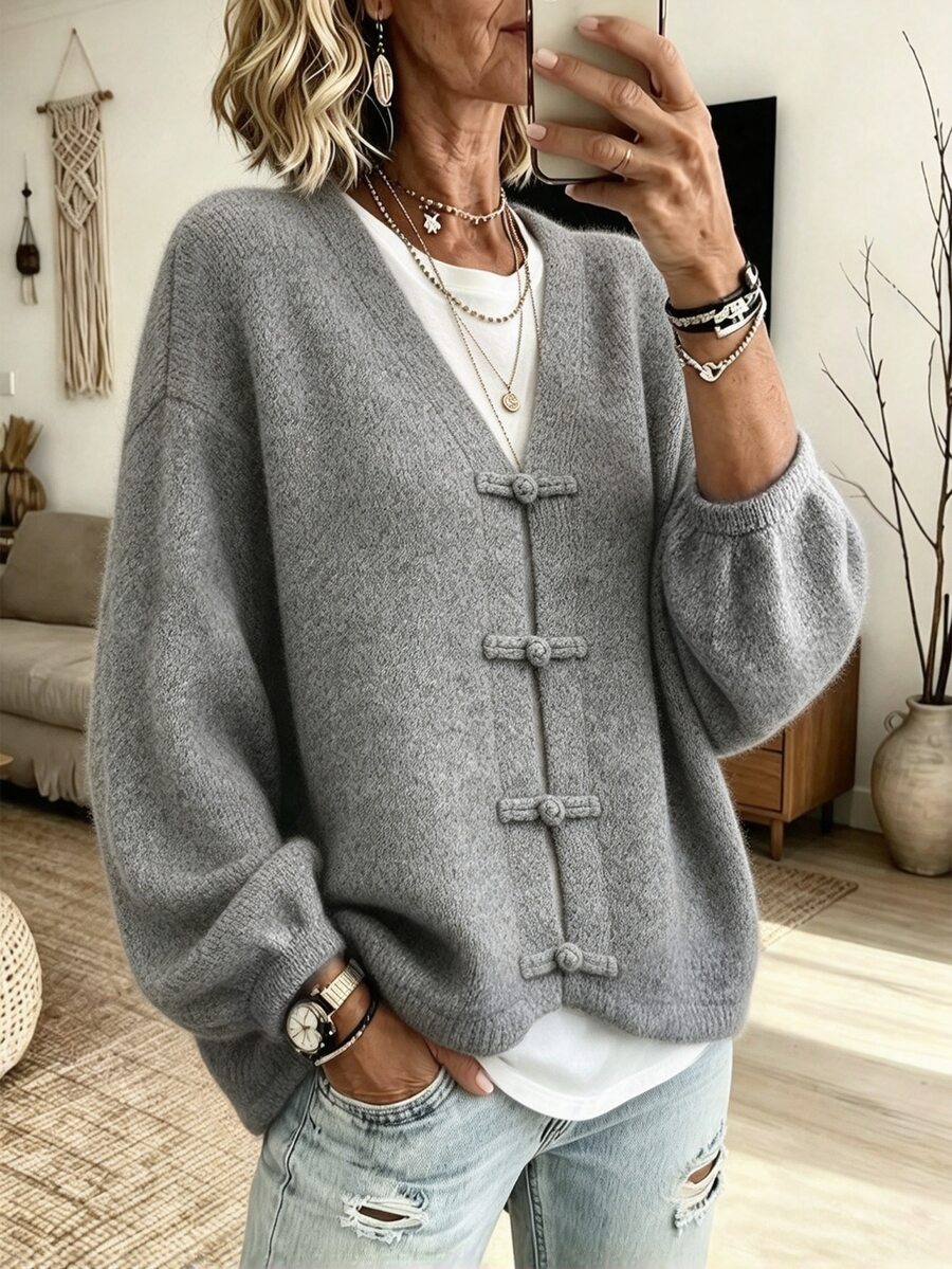 valorelle valorelle Women's V-Neck Chinese Style Front-Button Closure Frog Button Dropped Shoulder Lantern Long Sleeve Short Loose Casual Cardigan Brunch Grey Autumn - Grey - View 1