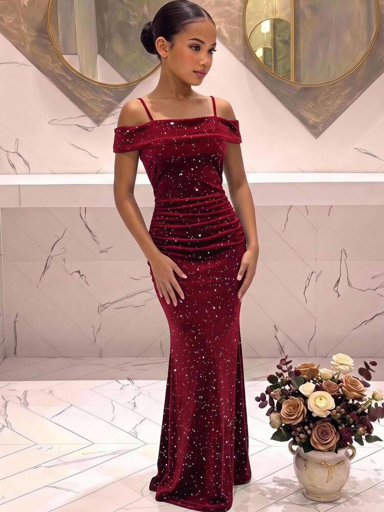 SHEIN Tween Girl Tween Girl Off-Shoulder Spaghetti Strap Mermaid Dress - Burgundy - View 7