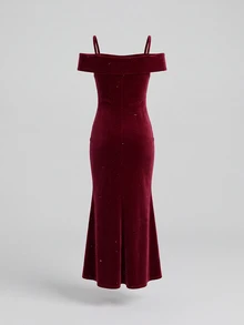SHEIN Tween女孩露肩細肩帶魚尾裙 - 酒紅色 - 查看 3