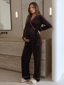 SHEIN Maternity Side Knot Long Sleeve Top And Pants Nursing 2 Pieces Set - Coffee Brown - View 2