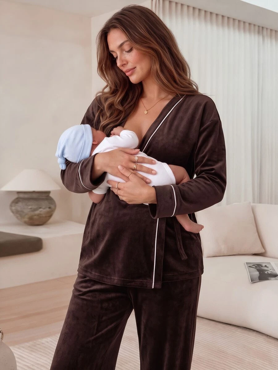 SHEIN Maternity Side Knot Long Sleeve Top And Pants Nursing 2 Pieces Set - Coffee Brown - View 1