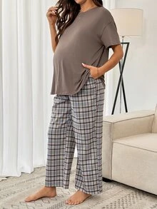 SHEIN 2pcs Maternity Set Grey Purple Summer Casual Básica Baggy Photoshoot Sleeping Round Neck Drop Shoulder T-Shirt Adjustable Waist Pants Lounge Formal - Multicolor - View 5