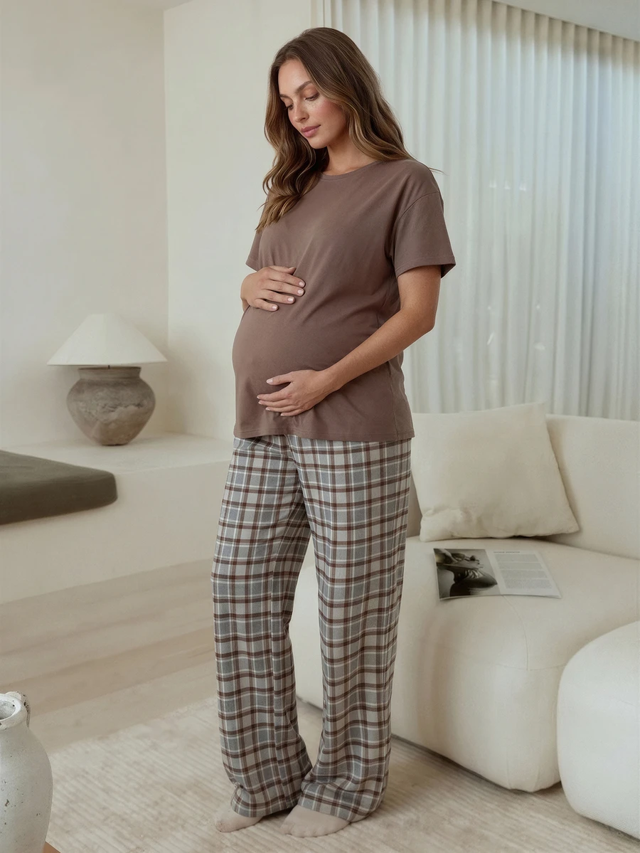SHEIN 2pcs Maternity Set Grey Purple Summer Casual Básica Baggy Photoshoot Sleeping Round Neck Drop Shoulder T-Shirt Adjustable Waist Pants Lounge Formal - Multicolor - View 1