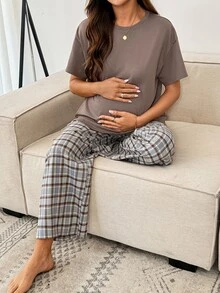 SHEIN 2pcs Maternity Set Grey Purple Summer Casual Básica Baggy Photoshoot Sleeping Round Neck Drop Shoulder T-Shirt Adjustable Waist Pants Lounge Formal - Multicolor - View 7