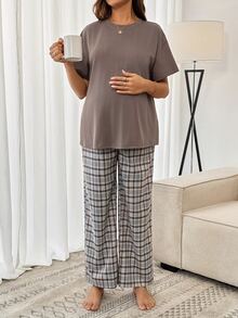 SHEIN 2pcs Maternity Set Grey Purple Summer Casual Básica Baggy Photoshoot Sleeping Round Neck Drop Shoulder T-Shirt Adjustable Waist Pants Lounge Formal - Multicolor - View 6