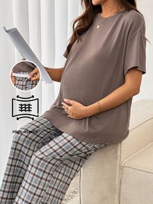 SHEIN 2pcs Maternity Set Grey Purple Summer Casual Básica Baggy Photoshoot Sleeping Round Neck Drop Shoulder T-Shirt Adjustable Waist Pants Lounge Formal - Multicolor - View 2