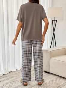 SHEIN 2pcs Maternity Set Grey Purple Summer Casual Básica Baggy Photoshoot Sleeping Round Neck Drop Shoulder T-Shirt Adjustable Waist Pants Lounge Formal - Multicolor - View 3