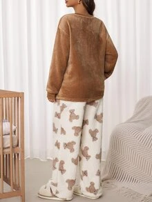 SHEIN Maternity Cartoon Bear Pocket Design Long Sleeve Top And Adjustable Waist Pants 2 Pieces Set - Multicolor - View 7