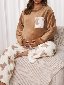 SHEIN Maternity Cartoon Bear Pocket Design Long Sleeve Top And Adjustable Waist Pants 2 Pieces Set - Multicolor - View 5
