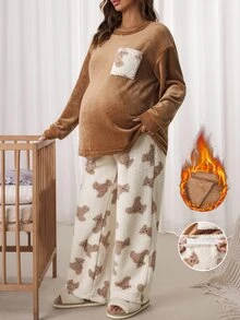 SHEIN Maternity Cartoon Bear Pocket Design Long Sleeve Top And Adjustable Waist Pants 2 Pieces Set - Multicolor - View 3