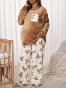 SHEIN Maternity Cartoon Bear Pocket Design Long Sleeve Top And Adjustable Waist Pants 2 Pieces Set - Multicolor - View 6