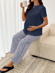 SHEIN Maternity Heart Embroidery Short Sleeve T-Shirt And Adjustable Waist Navy Blue Pants Casual Simple 2 Pieces Set Dates Vacation Summer Formal Lounge - Blue - View 6