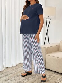 SHEIN Maternity Heart Embroidery Short Sleeve T-Shirt And Adjustable Waist Navy Blue Pants Casual Simple 2 Pieces Set Dates Vacation Summer Formal Lounge - Blue - View 5