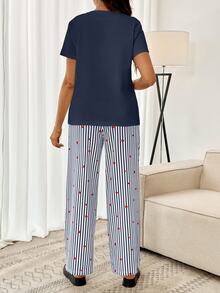 SHEIN Maternity Heart Embroidery Short Sleeve T-Shirt And Adjustable Waist Navy Blue Pants Casual Simple 2 Pieces Set Dates Vacation Summer Formal Lounge - Blue - View 3