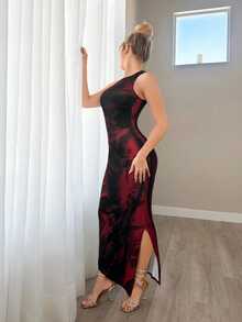Sweetina Tie-Dye Print Sleeveless Fitted Dress - Red - View 4