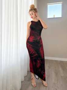 Sweetina Tie-Dye Print Sleeveless Fitted Dress - Red - View 5