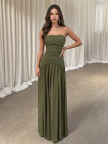 Aloruh 優雅軍綠色高彈性針織抹胸修身抓褶前襟高腰魚尾拖尾禮服，適合約會、度假、海灘、婚禮活動、單身派對、伴娘禮服（成人） - 軍綠色 - 查看 7