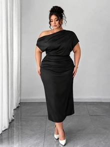 Elenzga Plus Size Women's Satin High-Low Off The Shoulder Asymmetrical Ruched Waist Bodycon A-Line Dress, Summer - Black - View 3