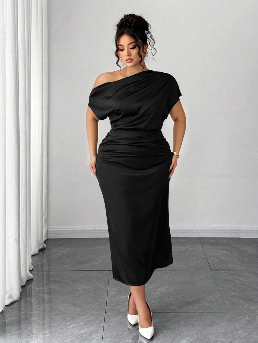Elenzga Plus Size Women's Satin High-Low Off The Shoulder Asymmetrical Ruched Waist Bodycon A-Line Dress, Summer - Black - View 1