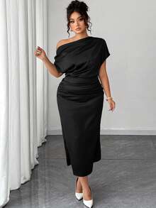 Elenzga Plus Size Women's Satin High-Low Off The Shoulder Asymmetrical Ruched Waist Bodycon A-Line Dress, Summer - Black - View 10