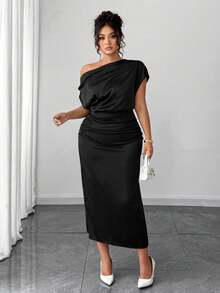 Elenzga Plus Size Women's Satin High-Low Off The Shoulder Asymmetrical Ruched Waist Bodycon A-Line Dress, Summer - Black - View 6