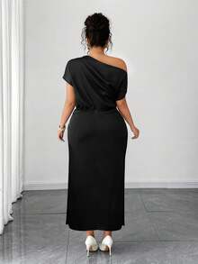 Elenzga Plus Size Women's Satin High-Low Off The Shoulder Asymmetrical Ruched Waist Bodycon A-Line Dress, Summer - Black - View 2
