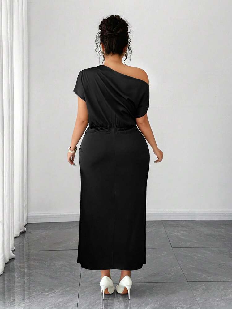 Elenzga Plus Size Women's Satin High-Low Off The Shoulder Asymmetrical Ruched Waist Bodycon A-Line Dress, Summer - Black - View 2