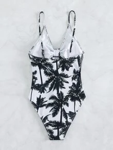 SHEIN Swim New Summer Beachwear: A One-Piece Halter-Style Bikini Featuring A Lace-Up Front And Palm Tree Print.Vacation Outfits Women. - Black and White - View 8