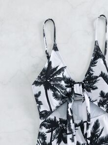 SHEIN Swim New Summer Beachwear: A One-Piece Halter-Style Bikini Featuring A Lace-Up Front And Palm Tree Print.Vacation Outfits Women. - Black and White - View 6