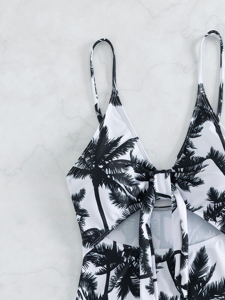 SHEIN Swim 棕櫚樹印花前打結連體泳衣 - 黑與白 - 查看 5