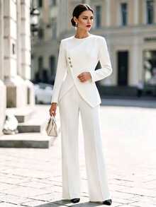 SHEIN Women's Spring/Autumn 2 Pieces Set, Asymmetric Button-Up Cinched Waist Top Paired With Draped Wide-Leg Long Pants, Elegant Solid Color Outfit, Suitable For Daily Commute And Formal Evening Events - White - View 4