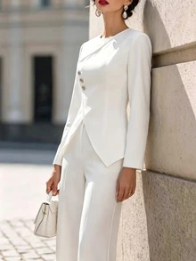 SHEIN Women's Spring/Autumn 2 Pieces Set, Asymmetric Button-Up Cinched Waist Top Paired With Draped Wide-Leg Long Pants, Elegant Solid Color Outfit, Suitable For Daily Commute And Formal Evening Events - White - View 7