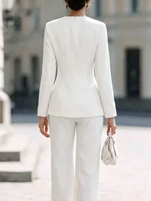 SHEIN Women's Spring/Autumn 2 Pieces Set, Asymmetric Button-Up Cinched Waist Top Paired With Draped Wide-Leg Long Pants, Elegant Solid Color Outfit, Suitable For Daily Commute And Formal Evening Events - White - View 2