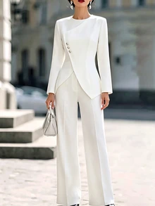 SHEIN Women's Spring/Autumn 2 Pieces Set, Asymmetric Button-Up Cinched Waist Top Paired With Draped Wide-Leg Long Pants, Elegant Solid Color Outfit, Suitable For Daily Commute And Formal Evening Events - White - View 6
