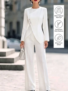 SHEIN Women's Spring/Autumn 2 Pieces Set, Asymmetric Button-Up Cinched Waist Top Paired With Draped Wide-Leg Long Pants, Elegant Solid Color Outfit, Suitable For Daily Commute And Formal Evening Events - White - View 3
