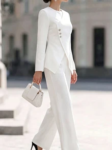 SHEIN Women's Spring/Autumn 2 Pieces Set, Asymmetric Button-Up Cinched Waist Top Paired With Draped Wide-Leg Long Pants, Elegant Solid Color Outfit, Suitable For Daily Commute And Formal Evening Events - White - View 8