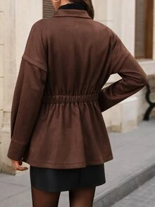 EMERY ROSE 女款休閒 90 年代復古優雅收口設計夾克，秋冬冬季穿搭棕色感恩節旅行日常外套 - 棕色 - 查看 2